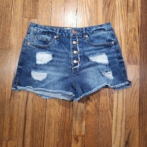 Distressed forever 21 Button fly high rise jean shorts size 27